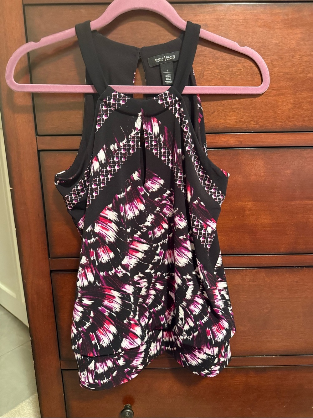 White House Black Market Black, Magenta & White Printed Halter Top